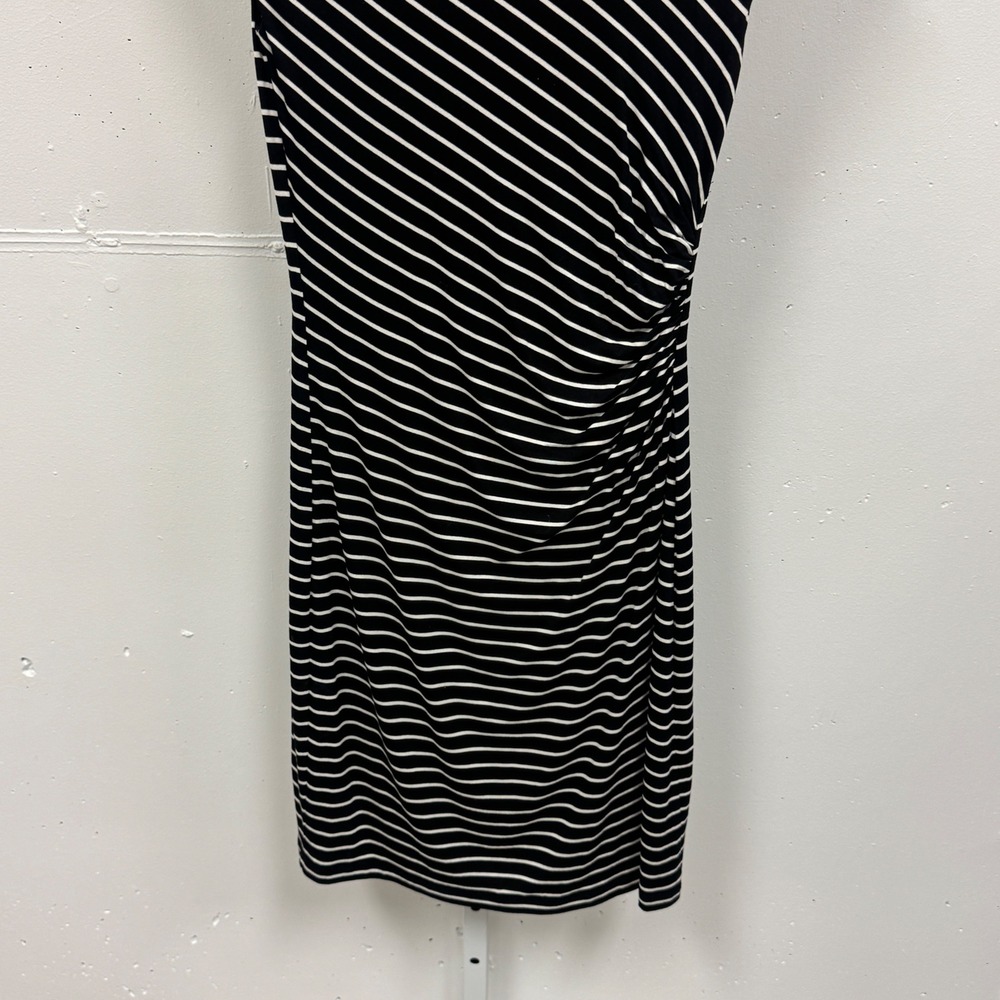 NWT Loft Black White Striped Ruched Sheath Knee Length Dress Cap Sleeve XS Soft - Picture 4 of 8